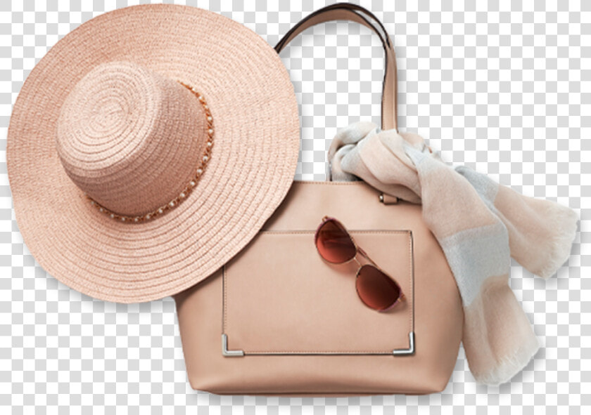 Straw Hat With Tan Bag  Sunglasses And A Silk Scarf   Wood  HD Png DownloadTransparent PNG