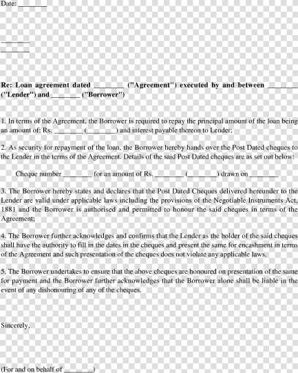 Cheque Deposit Letter Pursuant To A Loan Agreement   Undertaking Letter For Cheque  HD Png DownloadTransparent PNG