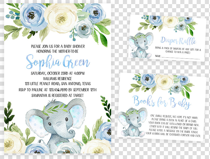 Blue Floral Elephant Baby Shower Invitation Pack   Baby Shower Welcome Sign Free  HD Png DownloadTransparent PNG