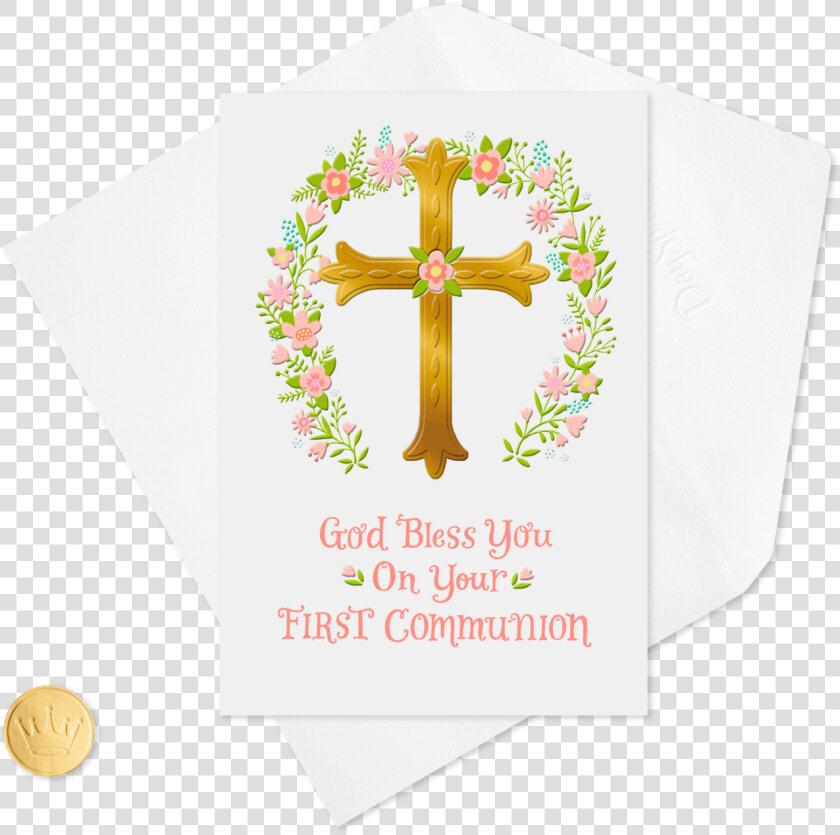 Gold Cross And Pink Flower Wreath First Communion Card   Gold Cross With Flowers  HD Png DownloadTransparent PNG