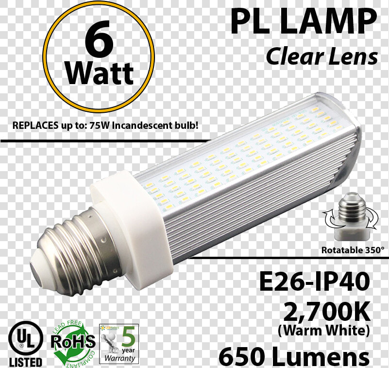 6w Pl Led Bulb Lamp 2700k E26 Ul   Fluorescent Lamp  HD Png DownloadTransparent PNG