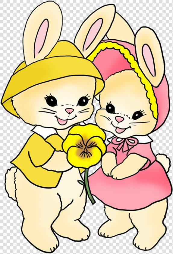 Two Easter Bunnies With Pansy Flower   Cartoon  HD Png DownloadTransparent PNG