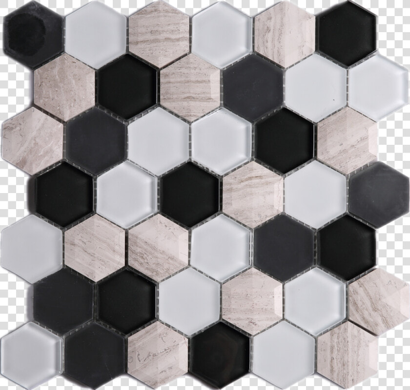 3d Honeycomb Hexagon Wooden Grey With Black  amp  White   Glass Mosaic Black Tile  HD Png DownloadTransparent PNG