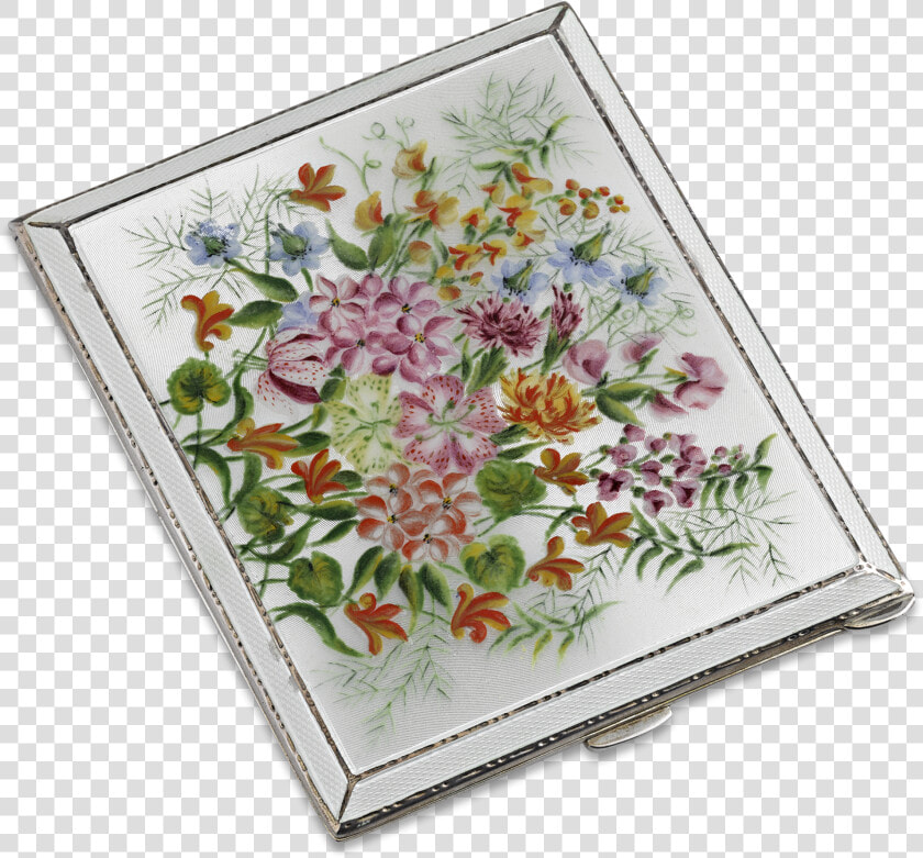 English Silver And Floral Enamel Cigarette Case   Artificial Flower  HD Png DownloadTransparent PNG