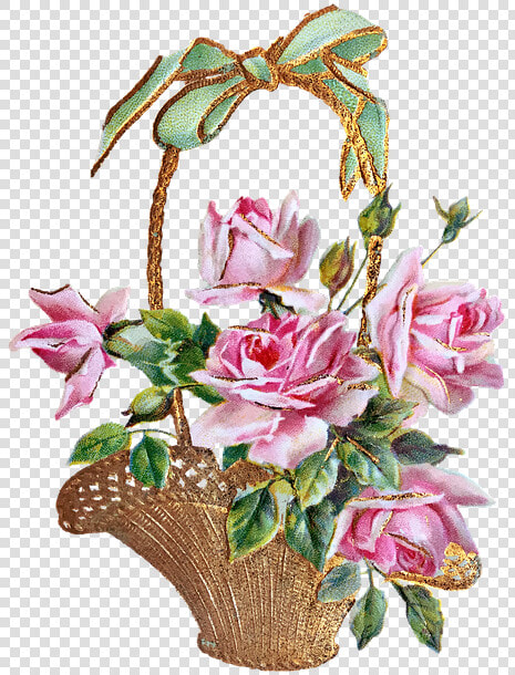 Vintage  Roses  Flower Basket  Loop  Gold  Pink   Vintage Birthday Card Roses  HD Png DownloadTransparent PNG