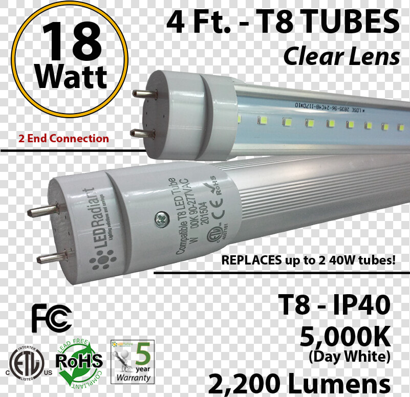 18w 4ft Led T8 Tube Light 2200lm 5000k Frosted 2 End   2ft Led Tube Light  HD Png DownloadTransparent PNG