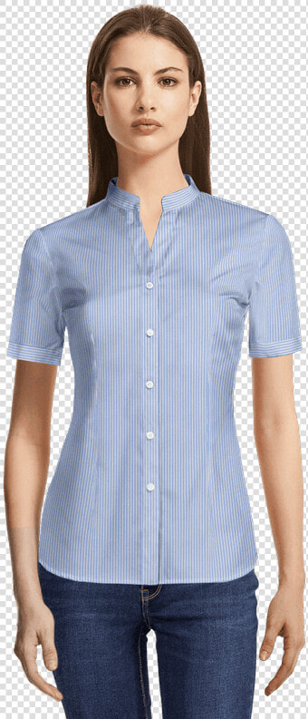 Navy Blue Micropattern Short Sleeved Banded Collar   Camisa De Mujer Cuello Mao  HD Png DownloadTransparent PNG