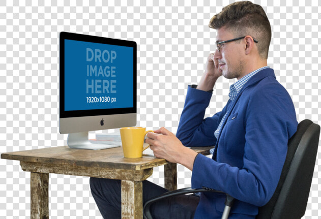 Png Imac Mockup Featuring A Working Man Wearing Glasses   Man Working On Computer Png  Transparent PngTransparent PNG