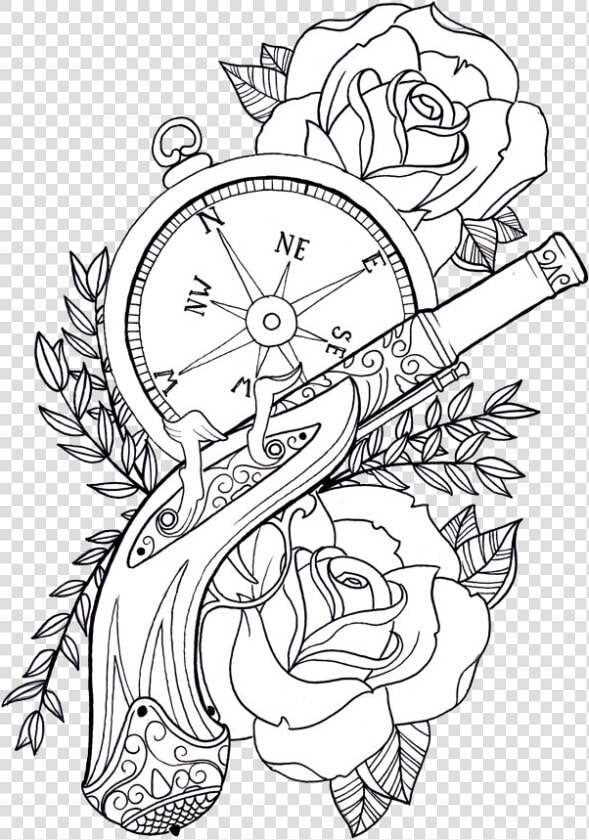 Roses And Pistol Pistol Drawing  Pistol Tattoos  Farmer   Coloring Pages For Adults Tattoo  HD Png DownloadTransparent PNG