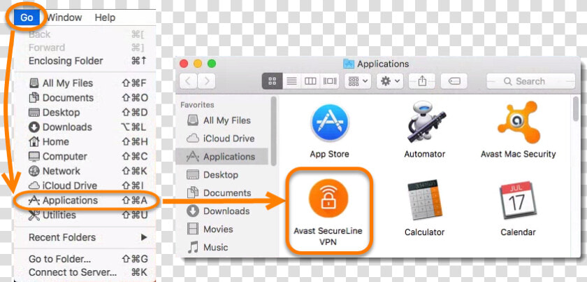 Click Go On The Menu Bar And Select Applications   Avast Secureline Vpn Mac  HD Png DownloadTransparent PNG