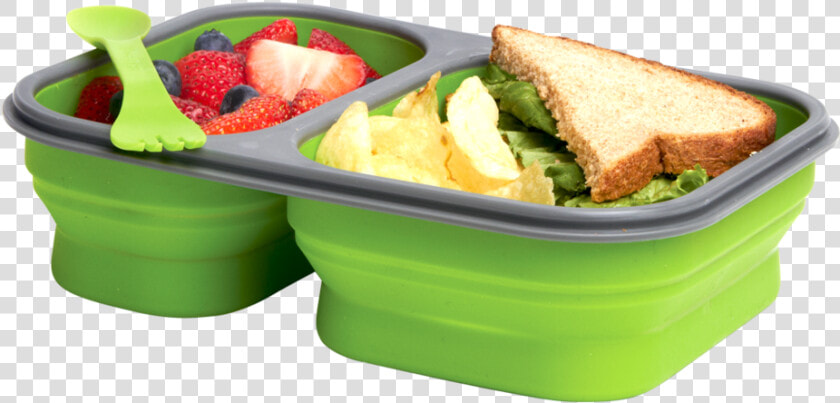 Green Collapsible Luchbox With Spork That Has Two Compartment   Collapsible Food Containers  HD Png DownloadTransparent PNG