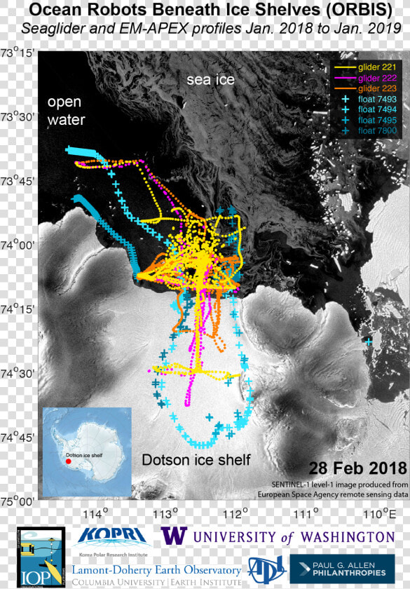 Colored Travel Paths Over Antarctic Map   Seaglider Dotson Ice Shelf  HD Png DownloadTransparent PNG