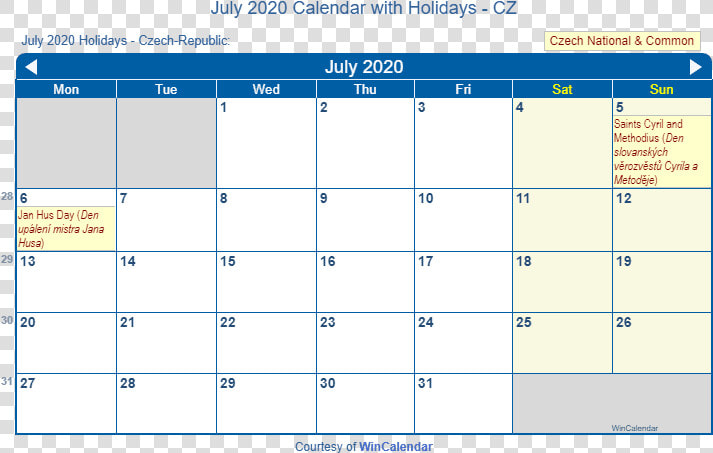 July 2020 Calendar With Cz Holidays   February Calendar 2020 With Holidays  HD Png DownloadTransparent PNG