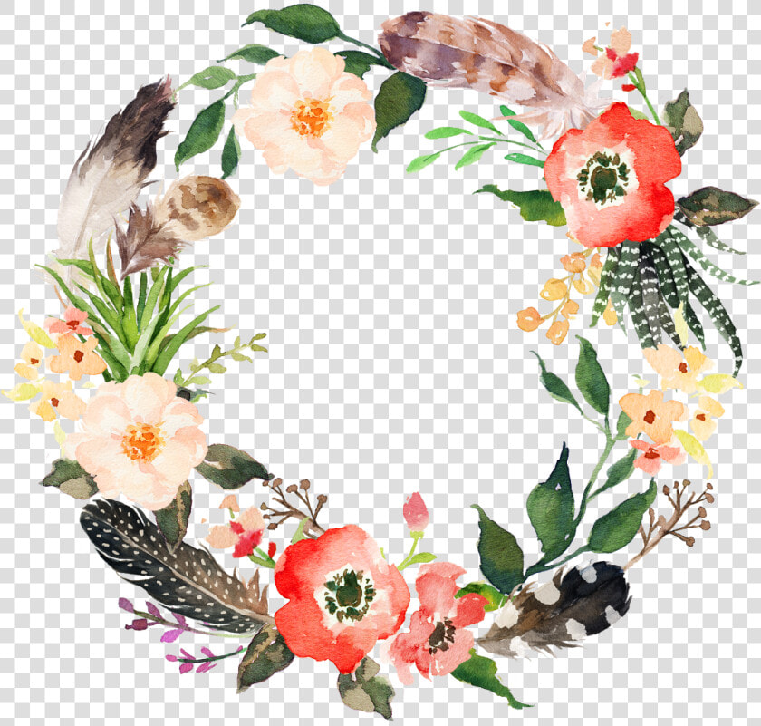 Boho Bohemian Feather Feathers Flower Flowers Freetoedi   Flower Wreath Watercolor Png  Transparent PngTransparent PNG