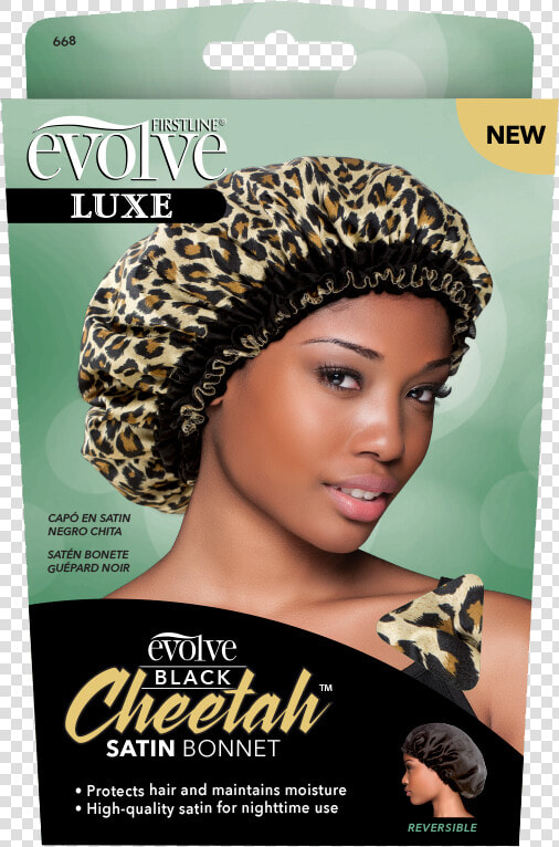 Evolve Black Cheetah Satin Bonnet    Black Woman In Bonnet  HD Png DownloadTransparent PNG