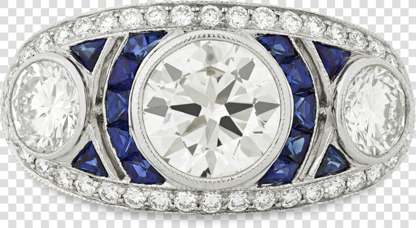 Three stone Diamond And Sapphire Art Deco Style Ring   Engagement Ring  HD Png DownloadTransparent PNG