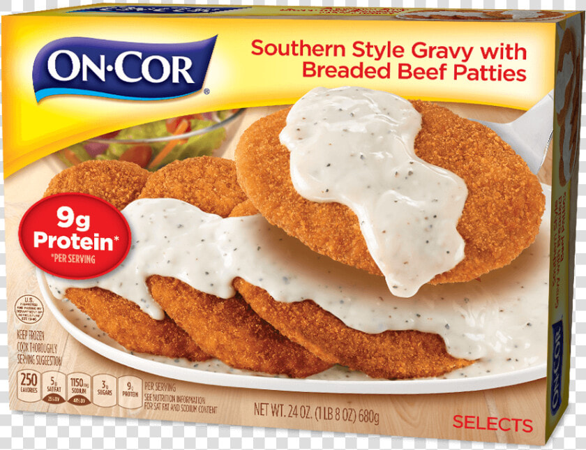 Southern Style Gravy With Breaded Beef Patties   Encore Frozen Dinners  HD Png DownloadTransparent PNG