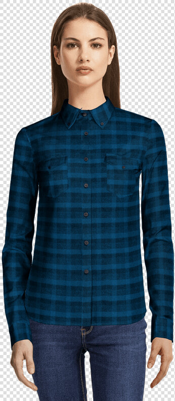 Electric Blue Plaid Button Down Flannel Shirt With   Blusa De Vestir Manga Larga Negra  HD Png DownloadTransparent PNG