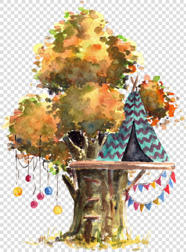  watercolor  treehouse  teepee  balloons  tree  leaves   Treehouse Watercolor  HD Png DownloadTransparent PNG