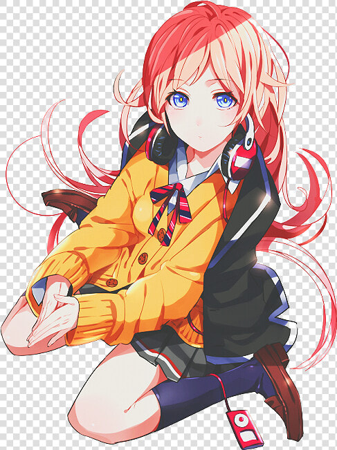  anime  manga  girl  cute  kawaii  sit  sitting  blueeyes   Headphones On Volume Up Fuck The Damn World  HD Png DownloadTransparent PNG