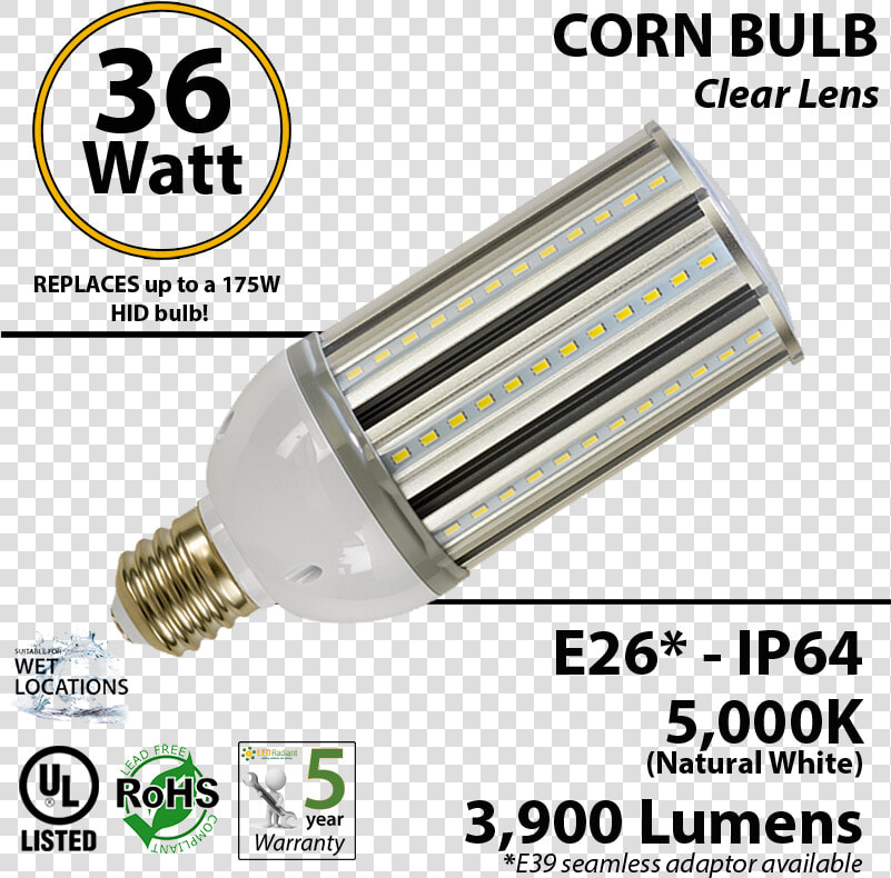 175w Equivalent Led Bulb 36w Corn Light 5000k 3600   2 Ft Led Tube Light  HD Png DownloadTransparent PNG