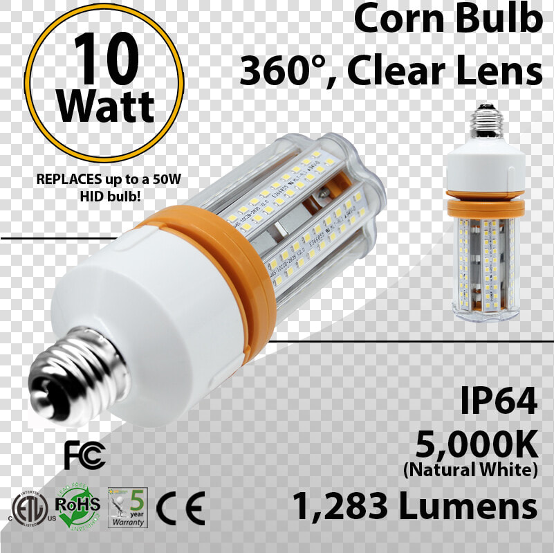 Led Corn Bulb 10 Watt 1283 Lm 5000k E26 Ip64 Etl Dlc   2 Ft Led Tube Light  HD Png DownloadTransparent PNG