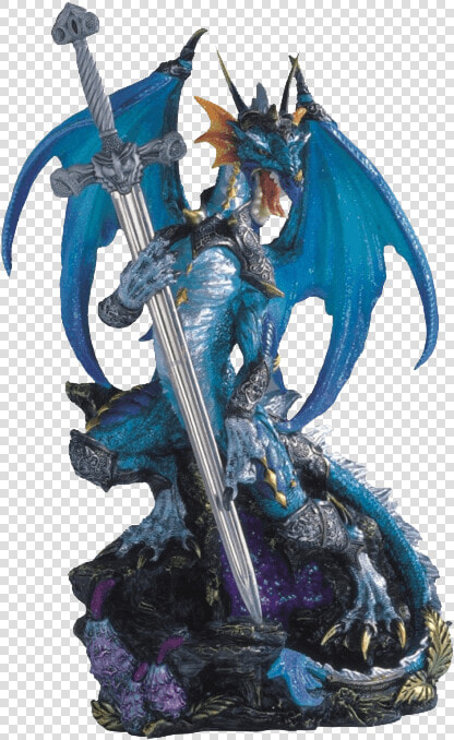 Armored Blue Dragon And Sword Statue   Dragon With A Sword  HD Png DownloadTransparent PNG