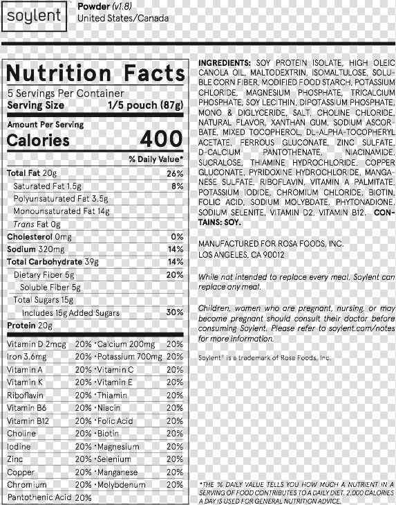 Soylent Powder Nutrition Facts  HD Png DownloadTransparent PNG