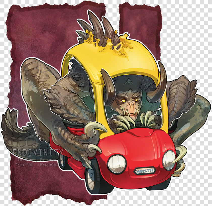 Endivini Twitter Vaulttec Fictional Character Cartoon   Deathclaw In A Car  HD Png DownloadTransparent PNG