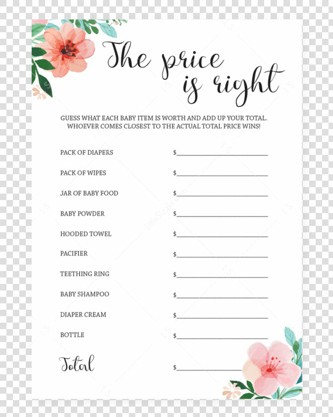 The Price Is Right Baby Shower Game Printable By Littlesizzle   Baby Shower Game Printables Floral  HD Png DownloadTransparent PNG