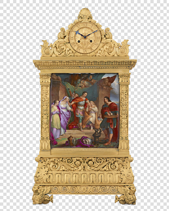 French Restauration Bronze And Porcelain Mantel Clock   Carving  HD Png DownloadTransparent PNG