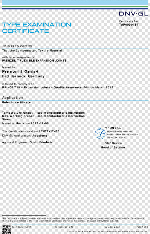 Certificate Dnv Germanischer Lloyd Frenzelit Expansion   Ums Certificate Dnv Gl  HD Png DownloadTransparent PNG