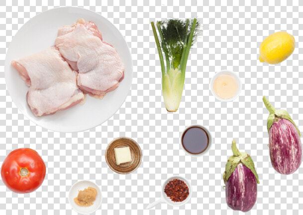 Pan seared Chicken Thighs With Roasted Baby Zebra Eggplants   Leaf Vegetable  HD Png DownloadTransparent PNG