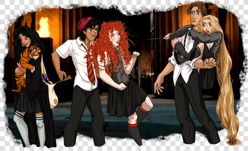 Princess Jasmine  Rajah  Aladdin  Merida  And Flynn   Disney Characters In Hogwarts Houses  HD Png DownloadTransparent PNG