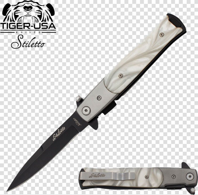 9 Inch Godfather Stiletto Style Folding Knife Pearl   White And Black Stiletto Knife  HD Png DownloadTransparent PNG