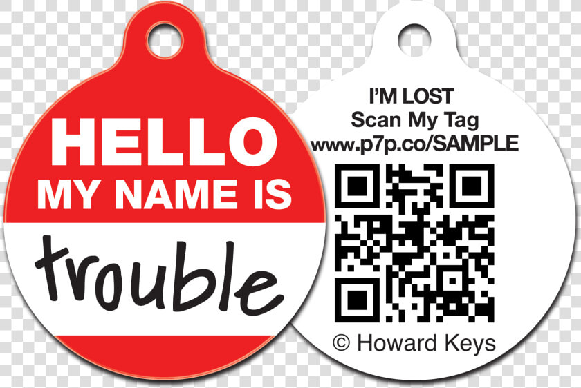 Qr Code Pet Id Tag With A Hello  My Name Is Trouble   Circle  HD Png DownloadTransparent PNG