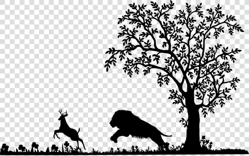 Lion  Attack  Deer  Silhouette  Mammal  Wildlife   Tree Clip Art Black And White Png  Transparent PngTransparent PNG