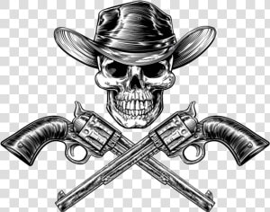 Skull Cowboy In Hat And A Pair Of Crossed Gun Revolver   Cowboy With Gun Drawing  HD Png Download