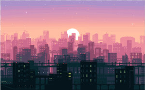  city  pixel  game  sunset  background  vaporwave  freetoedit   Cityscape Pixel Art Background  HD Png Download