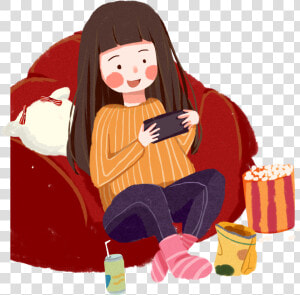 Cartoon Illustration Fat House Life Girl Png And Psd   Cartoon Girl Playing Cellphone  Transparent Png