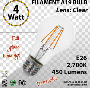 4w Led Filament Bulb 2700k Antique A19 Vintage Clear   U s  Federal Communications Commission  HD Png Download