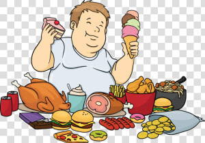 A Fat Cartoon Man Feasting On   Eating Junk Food Clipart  HD Png Download