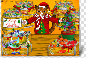 Christmas Fish Market Stall Cat Greeting Card   Cartoon  HD Png Download