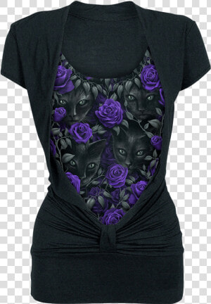 Black Cat And Purple Rose Knotted Top   Tielko Dámska  HD Png Download