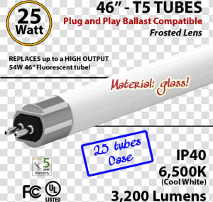 Led T5 Glass Tube Light 25 Watts 6500k Frosted Lens   Cable  HD Png Download