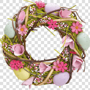 Easter Wreath With Pink Flowers And Colourful Easter   Bouquet  HD Png Download