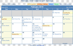 February 2019 Calendar With Holidays Printable   July 2019 Holiday Calendar  HD Png Download