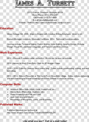 Resume  James Turbett Copy   Sample Resume Indicating Work Experience  HD Png Download