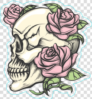 Human Skull With Roses Tattoo Style Sticker   Draw S Skull With Rose  HD Png Download