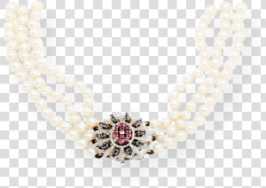 Vintage 3 strand Pearl Necklace With Ruby  Diamond   Necklace  HD Png Download